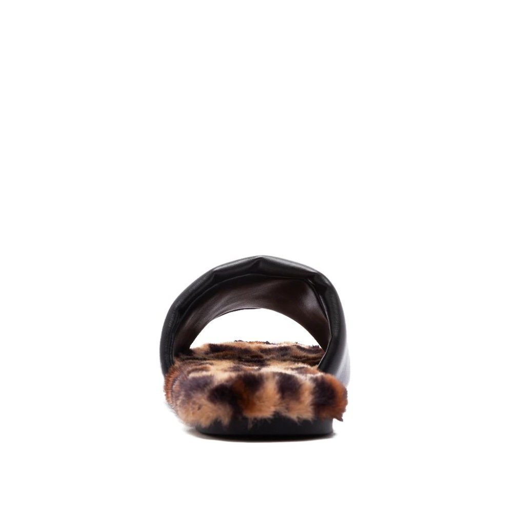Black Pu Faux Fur Flat Slide Sandals - Picture 3 of 3